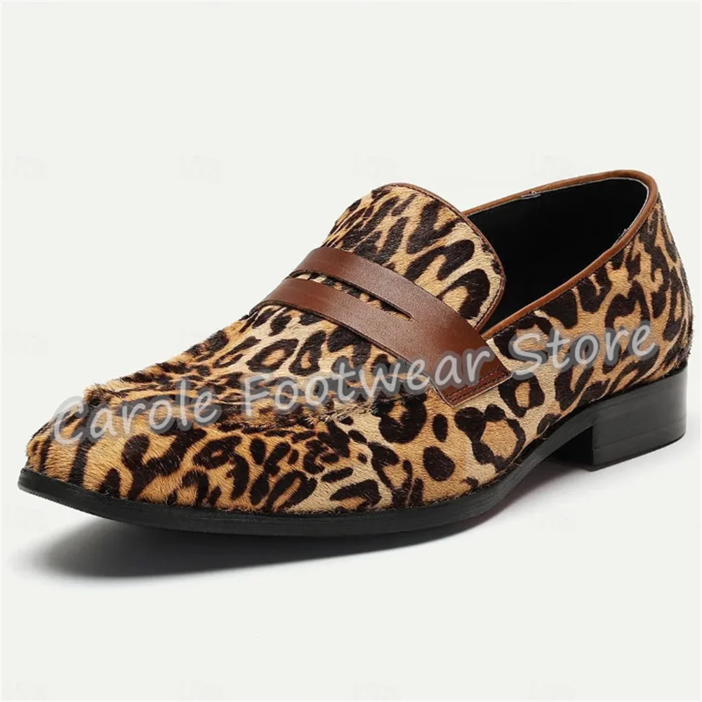 Vintage Leopard Print Leather Loafers Male Round Toe Chunky Heel Shallow Slip-On Casual Mules Business Formal Party Dress Shoes