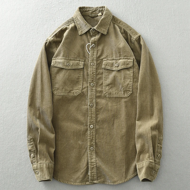 Vintage heavy May Khaki corduroy men\'s shirt long sleeve loose cargo bag casual shirt coat