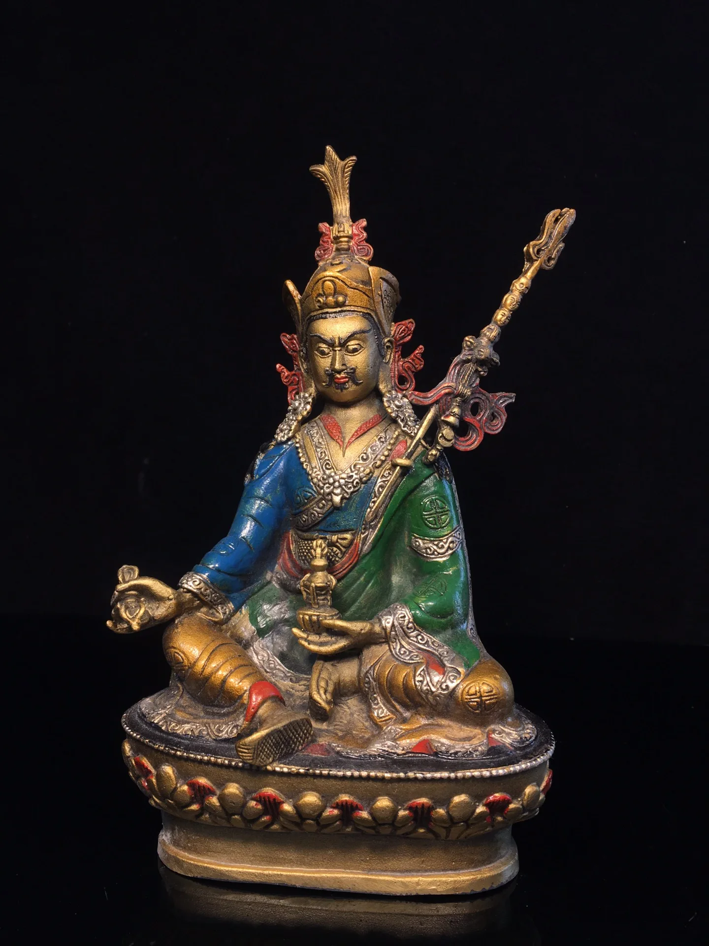 

10"Tibetan Temple Collection Old Bronze Painted Guru Rinpoche Padmasambhava Platform Sitting Buddha Worship Hall Town house