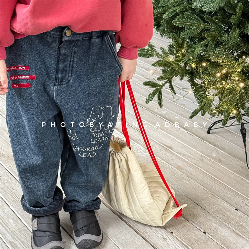 

Boys Casual Pants Plus Velvet Thick Baby Girls Warm Pants Kids Versatile Jeans 2025 Winter New Children Fleece Denim Trousers