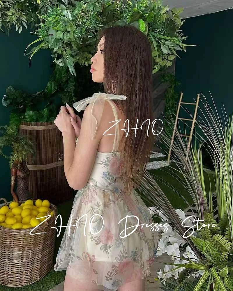 ZHIO Elegant Floral Print Short Wedding Party Dress Spaghetti Strap Bow A-Line Draped Mini Special Occasion Prom Gown Customized