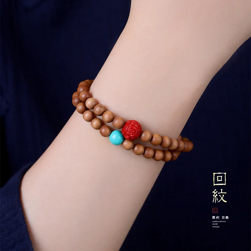 

Новый натуральный старый горный браслет с несколькими кругами, высокое содержание вены киновари, 6 мм, бирюзовые бусины из сандалового дерева, ручная нить