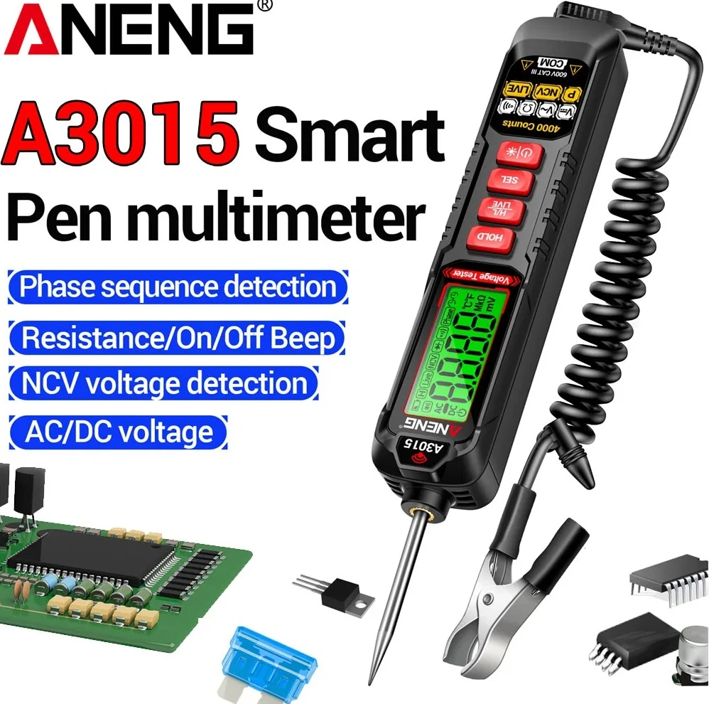 

Цифровой мультиметр-ручка ANENG A3015 для измерения напряжения AC/DC, профессиональный, с функцией NCV (индукционное определение напряжения), определение фазы/нуля, 4000 измерений, для электриков