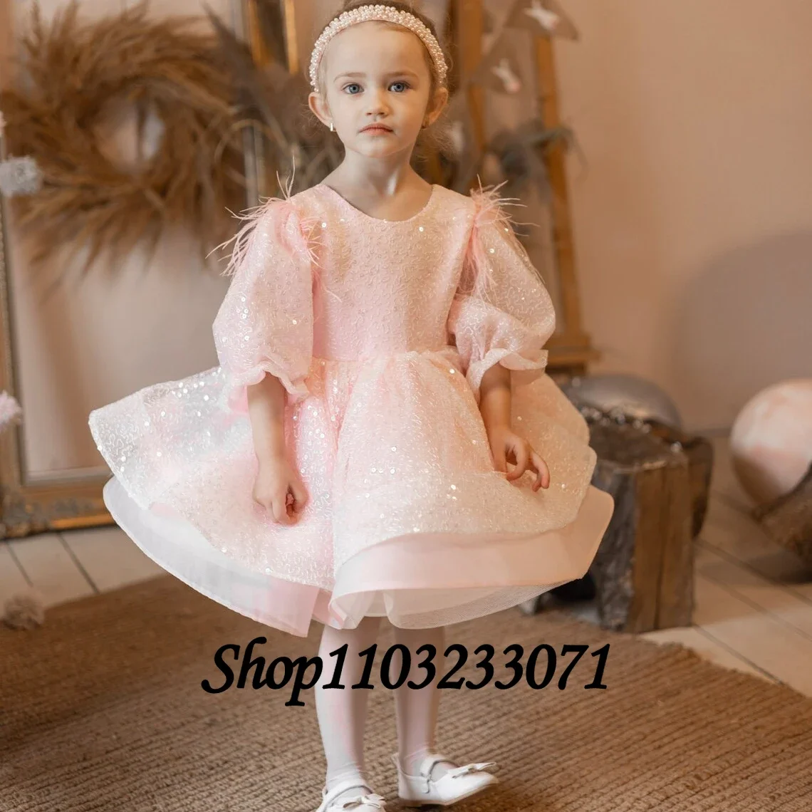 Pink Fluffy Flower Girl Dress Sparkling Tutu Puffy Short Baby Girl Wedding Bridesmaid Birthday Party First Communion Ball Gwon