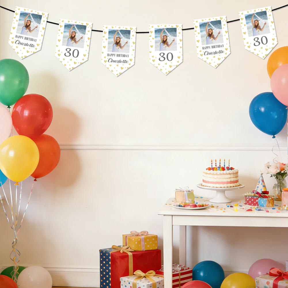 8/15/22pcs Custom Birthday Banners with Age Numbers Personalized Photo with Many Love Hearts Design Birthday Party Hanging Decor