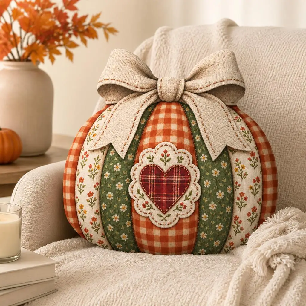 Pumpkin Shaped Throw Pillow Autumn Cottagecore Cushion with Bow and Heart Plush Stuffed Fall Farmhouse Sofa Home Decor Gift