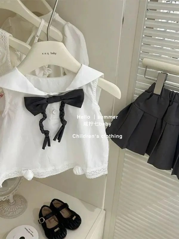 

Set Children Girl Summer New Style Cotton Solid Sleeveless Sailor Collar Bow Lace Vest Pleat Skirt Sweet Fashion Casual Brief