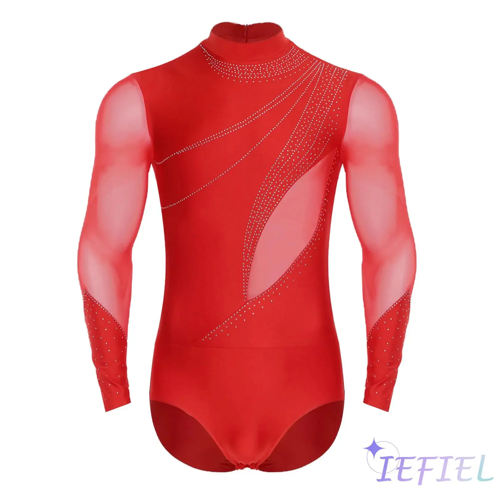 

Professional Mens Latin Dance Bodysuit Glittering Rhinestones And Breathable Mesh Panels Leotard for Performance And Competition