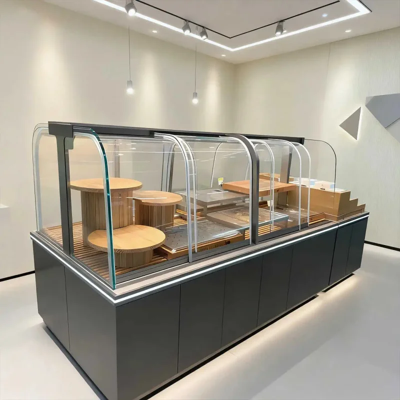 custom.Cake Bread Display Glass Front LED Lighting Heavy Duty Varnished Standing Supermarket Retail Use