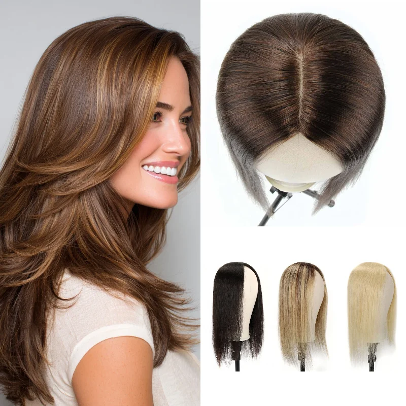 

Hand-Tied Human Hair Topper Hair Piece 4x4.5 Lace Frontal 12 Inch 4 Clips 48H Ship #1B #2 #4 #613 #10/6 #613/BC Durable Lace Bod
