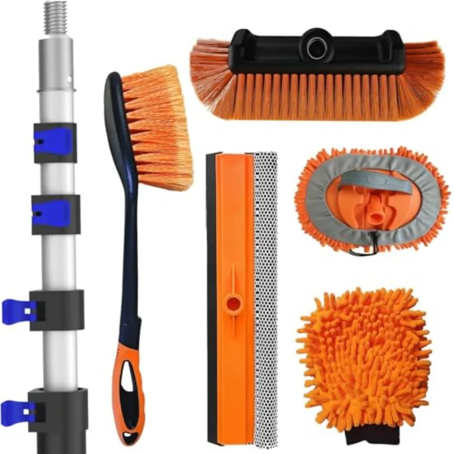 

26Ft Reach Car Wash Kit with 5-20FT Telescopic Extension Pole, Car Wash Brush with Long Handle, Wheel Tire Brush, Car Wash Mop,