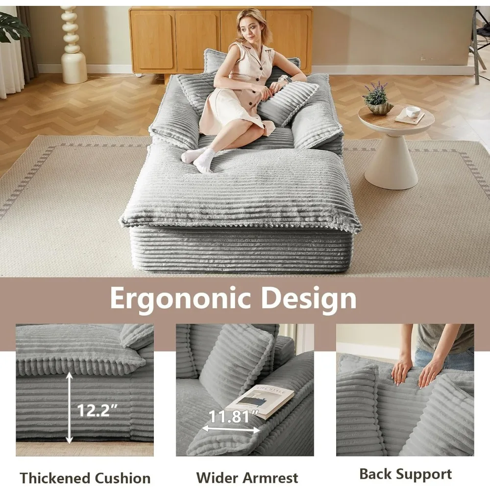 Duży fotel rozkładany z podnóżkiem, tapicerowany, sofa z 3 poduszkami, do użytku wewnątrz, z materiału sztruksowego, komfortowy, idealny do relaksu.