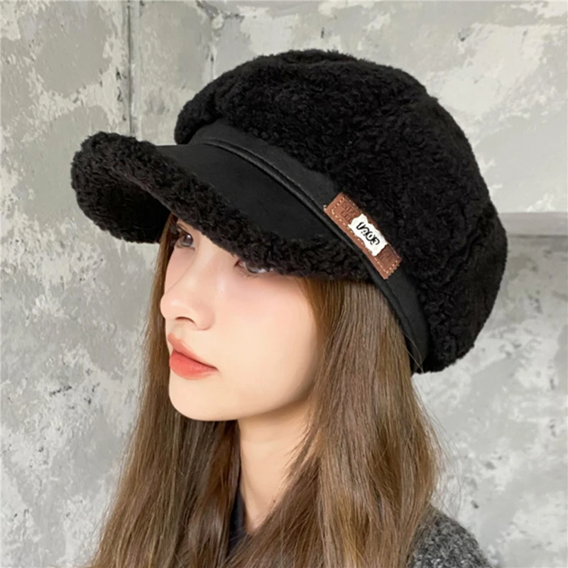 Imitation Lamb Wool Octagonal Hat Women's Cycling Fashion Cap Beret Foreign Style British Retro Painter Hat Fashion Street Caps