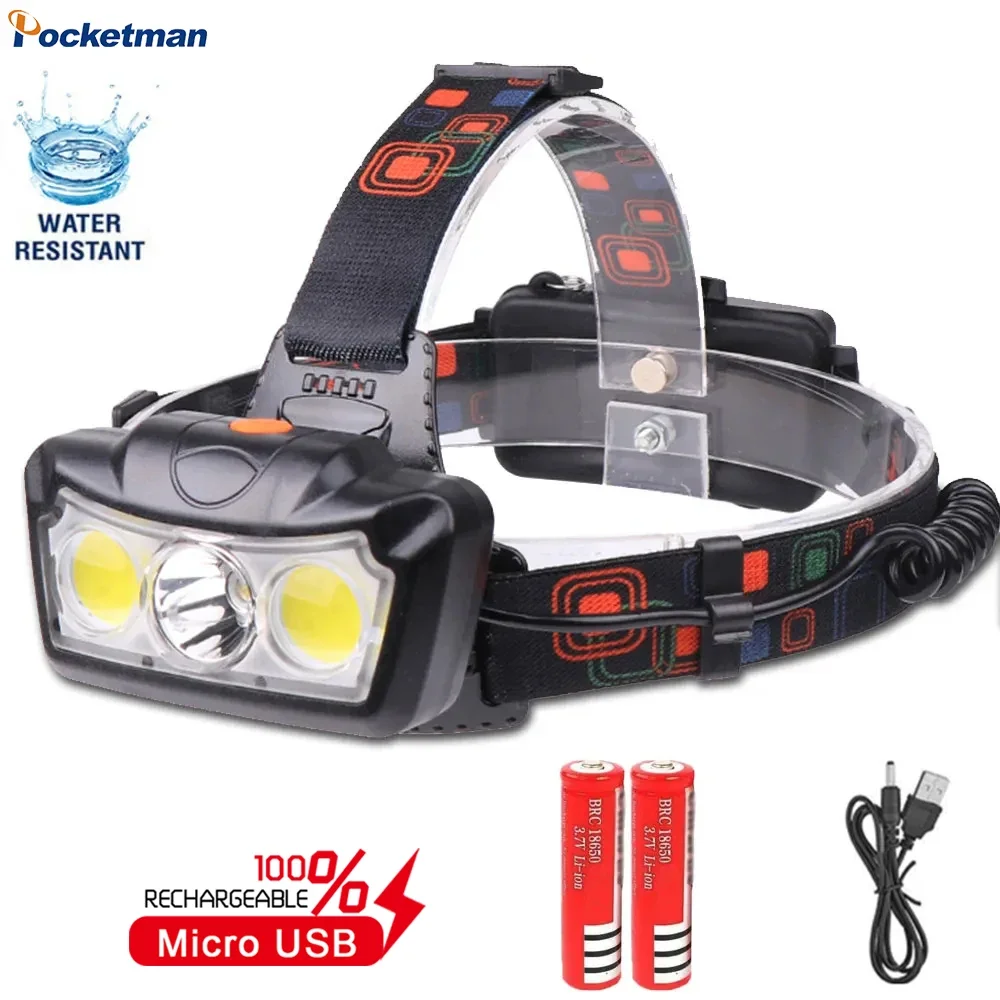 

Strong Light LED Headlamp Rechargeable COB Wide Beam Headlight Waterproof Fishing Head Flashlight Torch Camping Search Lantern