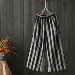 Cotton Linen Pants wide leg Pants Women Vintage Harajuku Korean Fashion Elastic Waist Trousers Women Clothing Loose Casual Pants