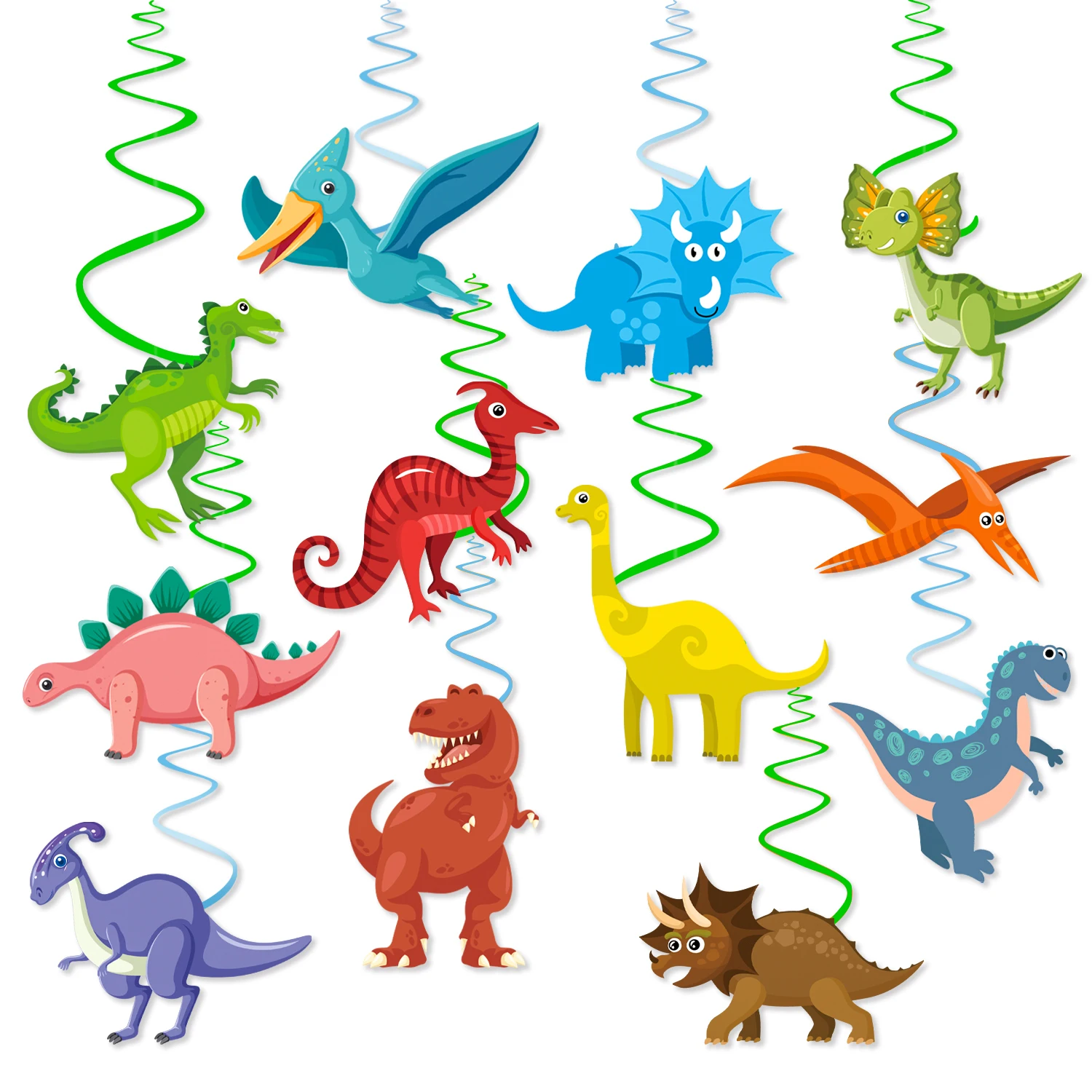 Dinosaurio de dibujos animados, remolinos colgantes, tema de dinosaurio, serpentina colgante para techo, decoraciones de fiesta para niños, Baby Shower, fiesta de cumpleaños