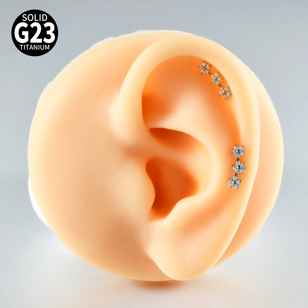 2/1 Stück Pferdeauge CZ Gebogener Blumen-Lippenpiercing mit flacher Rückseite aus G23 Titanlegierung mit Innengewinde, Zirkonia-Ohrknorpel-Tragus-Ohrring – Detail 3