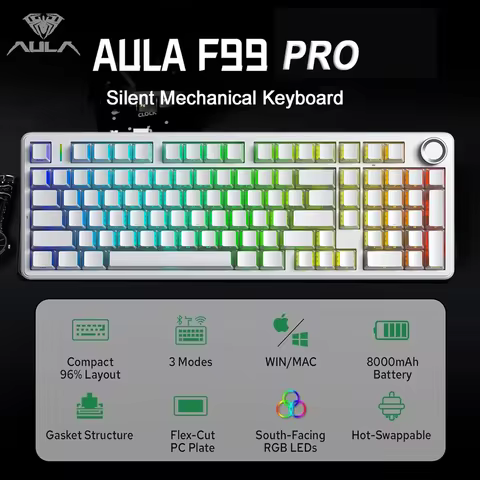 AULA F99 Pro Wireless Silent Mechanical Keyboard Three Mode Hot-Swappable Custom RGB Backlit Translucent Sided Engraved Keyboard