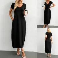 In Stock Women's Clothing Amazon Cross-border Europe America Long Dress Solid Color Short Sleeves Dress