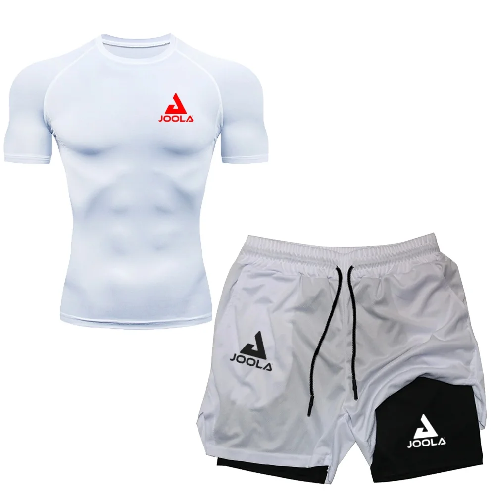 JOOLA Men's Compression Sportswear Set, Breathable Short Sleeve T-shirt + Double Layer Running Shorts, Quick Dry Gym Fitness Tra