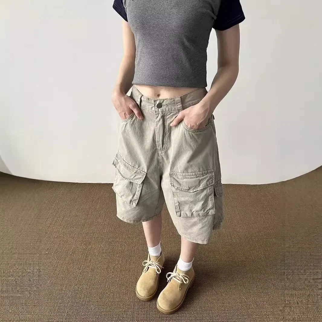 

2025 винтажные рабочие шорты с несколькими карманами в американском стиле, повседневные свободные прямые брюки, универсальные полубрюки в японском стиле, лето