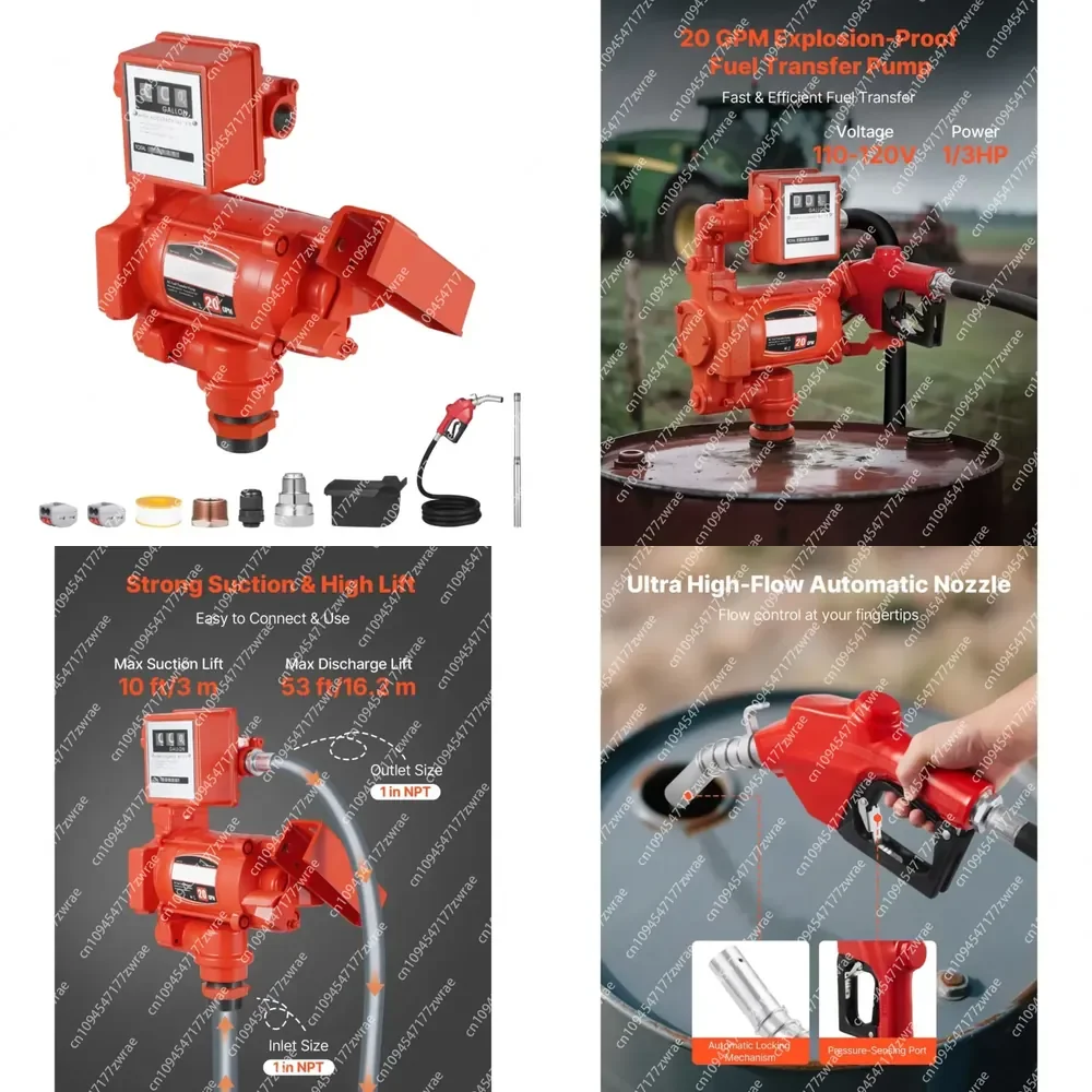 110V AC Electric 20 GPM Fuel Transfer Pump 76 L/min Meter Auto Shut Nozzle Discharge Ho For Diesel Fuel