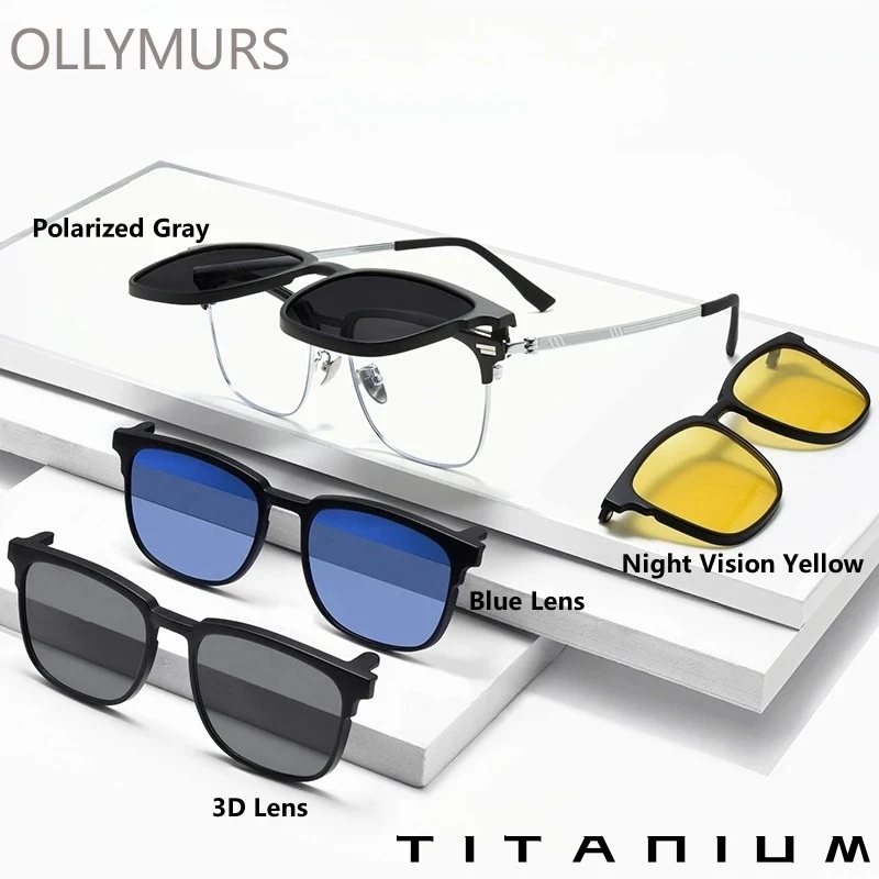 

OLLYMURS Polarized Magnetic Clip-on Glasses Men's Retro Titanium Ultra-light Eyewear Anti-UV 3D Movie Eyeglasses Frame 9688ZM
