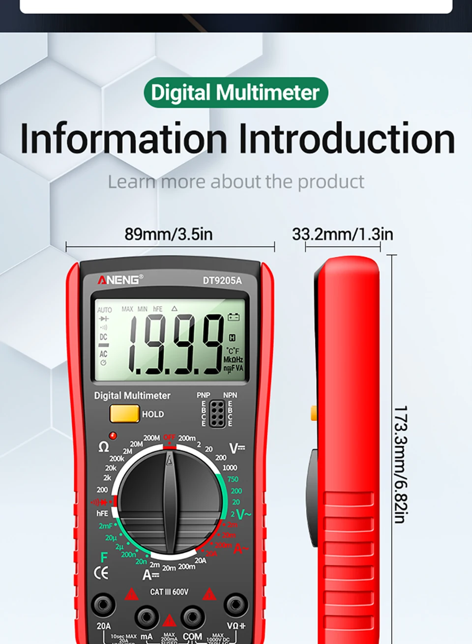 ANENG DT9205A Multifunktionales Digitalmultimeter mit 1999 Zählungen, Summer, Dioden- und Transistortest, Universalmessgerät für Elektriker – Detail 3