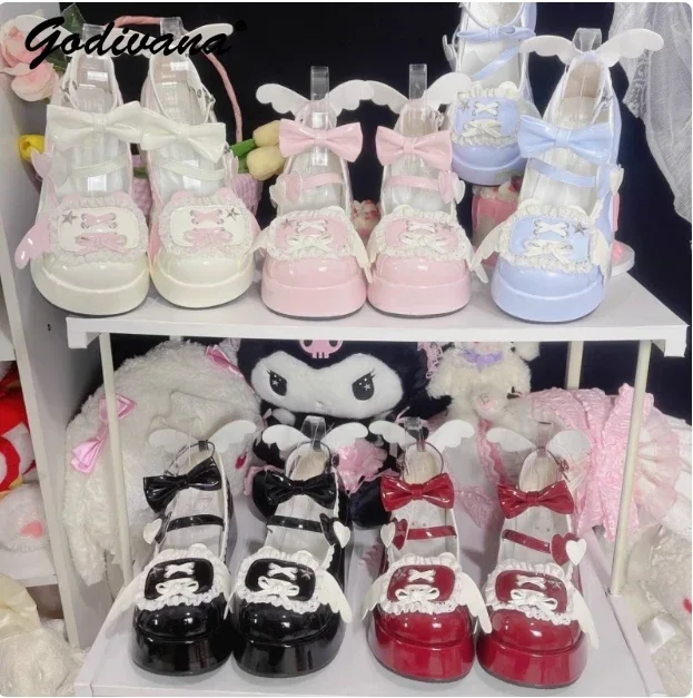 New Sweet Girls Round Head Lolita Platform Muffin Shoes Cute Japanese Style Women's Small Wings Leather Shoes Paltform Pumps image 4