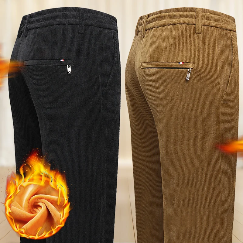 

Зимние теплые мягкие вельветовые брюки для папы среднего возраста — утолщенная эластичная флисовая подкладка с высокой талией и глубоким шаговым швом, удобная одежда