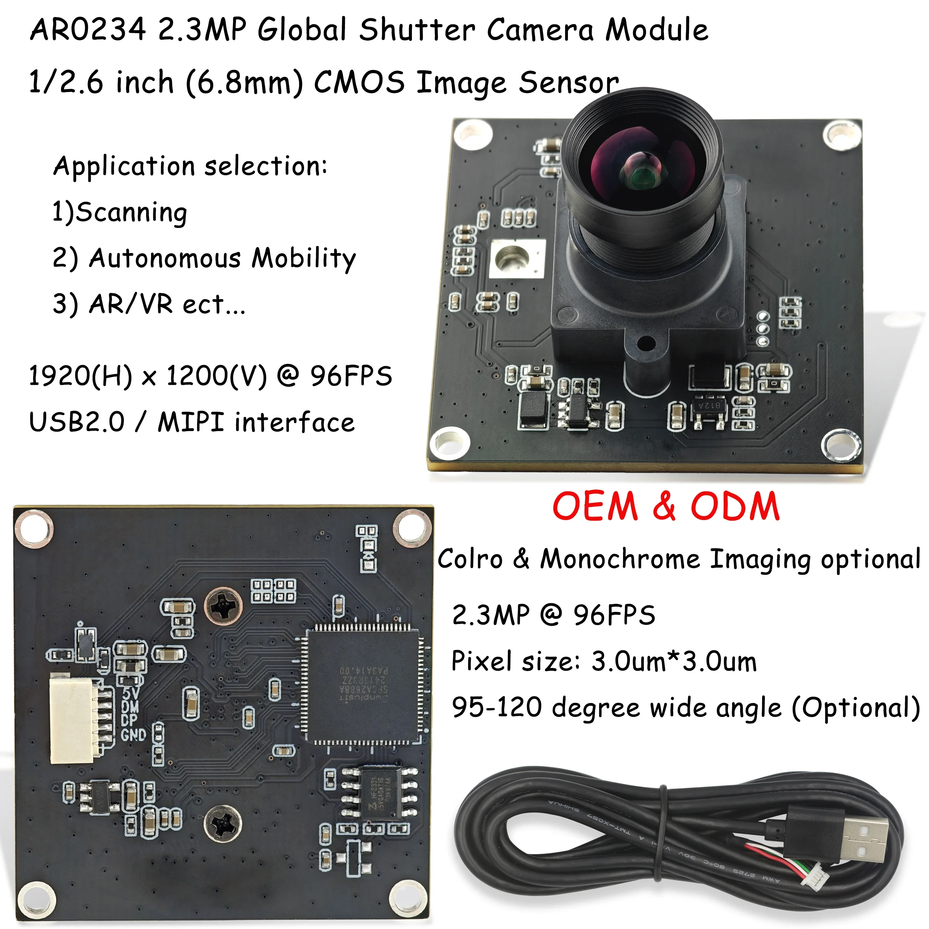 In stock 2MP 95FPS High Speed Global Shutter CMOS USB Camera Module 1080P 120 Degrees Distortion-Free Wide Angle AR0234 Camera M