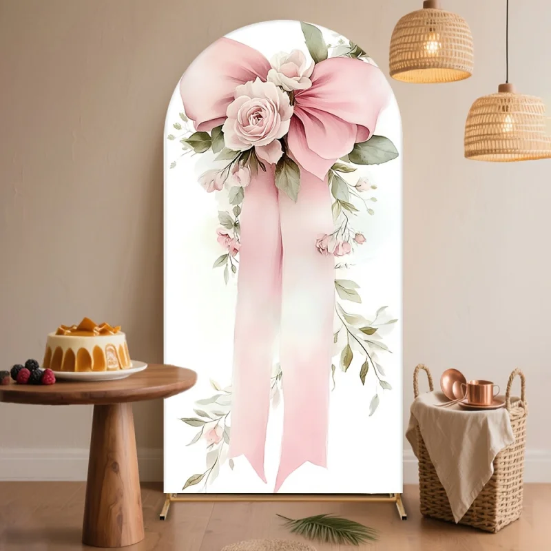 VIKAMA Romantic Floral Arch Backdrop Pink Bow Ribbon Print Outdoor Wedding Arch Cover Baby Shower Party Decor view 4
