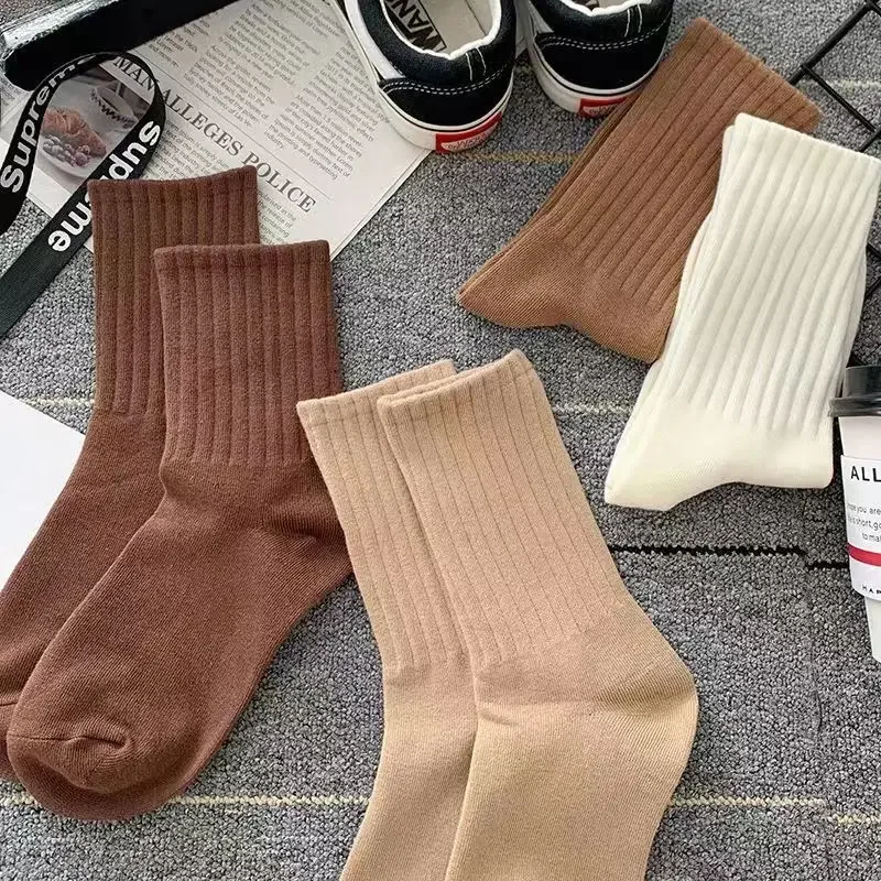 Loose Socks Korean Fashion Japanese Style Women Classic Solid Color Striped Cotton Simple Basic Socks Lady All Match Brown Sock