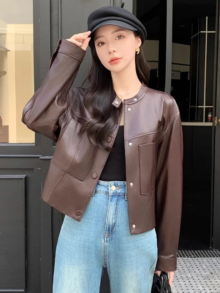 Casual Genuine Leather Motorcycle Jackets for Women Spring Autumn High-end Simple Stand Collar Slim Short Real Sheepskin Coat