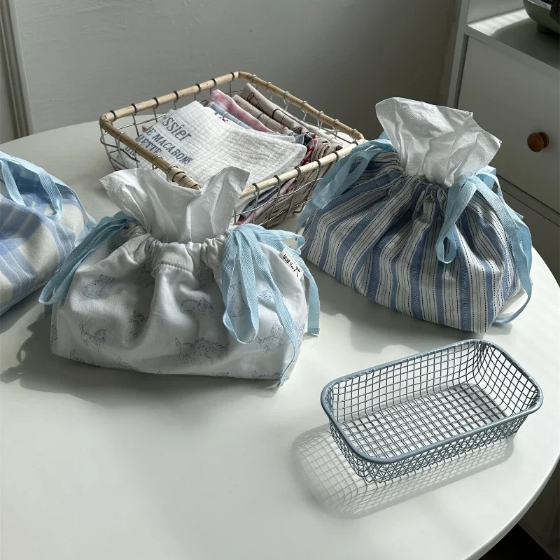 

Blue Striped Drawstring Tissue Bag Storage Bag Napkin Paper Case Home Organizer Nordic Decoration Accessories For Livingroom