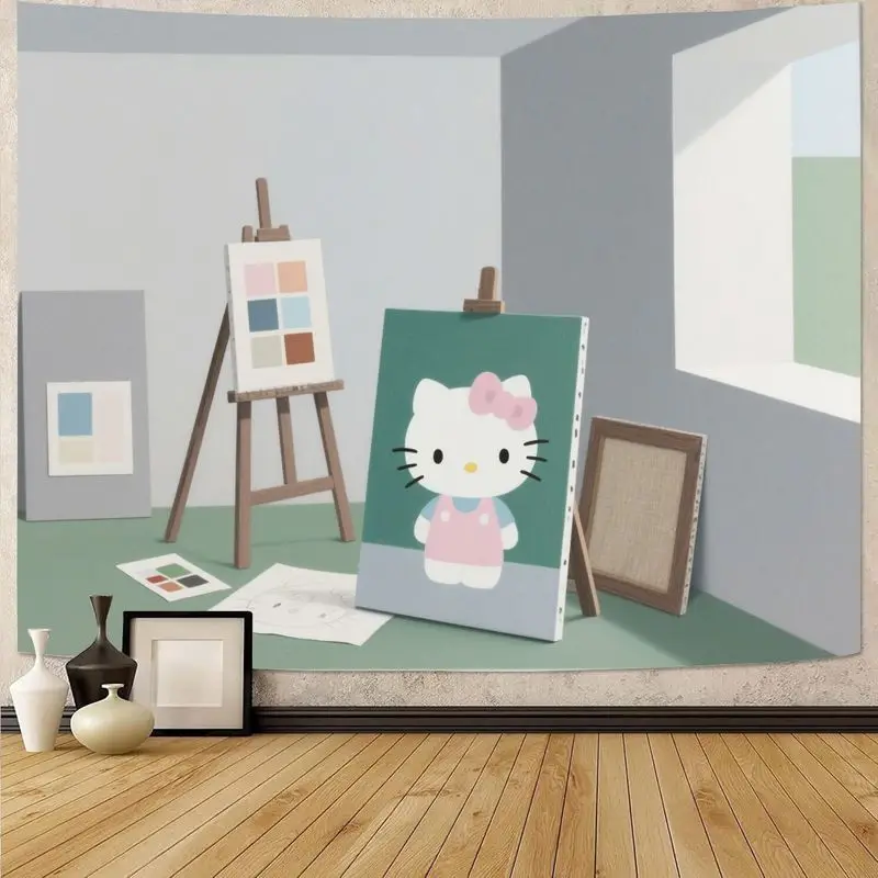

1 шт. гобелен Sanrio Hello Kitty Art Studio, современный кавайный зеленый мольберт, настенное искусство, эстетический декор из полиэстера для девочек, подарок для спальни