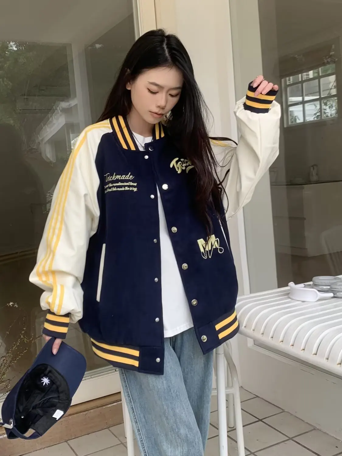 

Женская бейсбольная куртка контрастного цвета в стиле ретро, весна-осень 2021, свободная модная брендовая куртка, топ