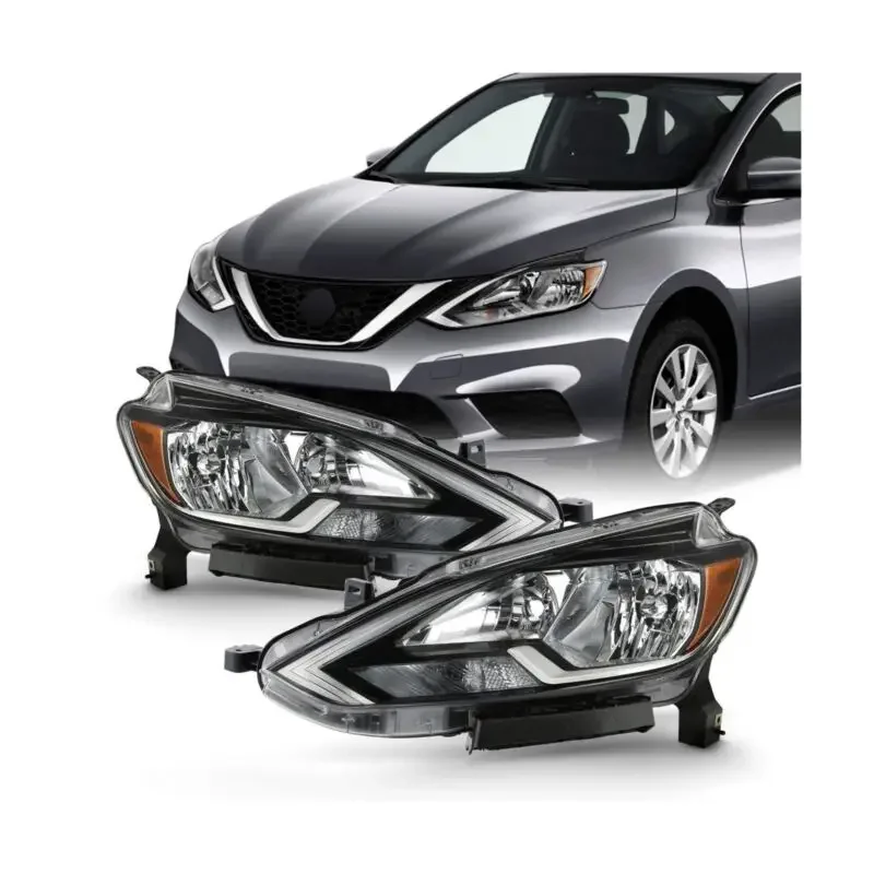 

AKKON - Fits 2016 2017 2018 2019 Sentra [Halogen Type] Headlights w/Chrome bezel Pair Headlamps Driver Left + Passenger Right