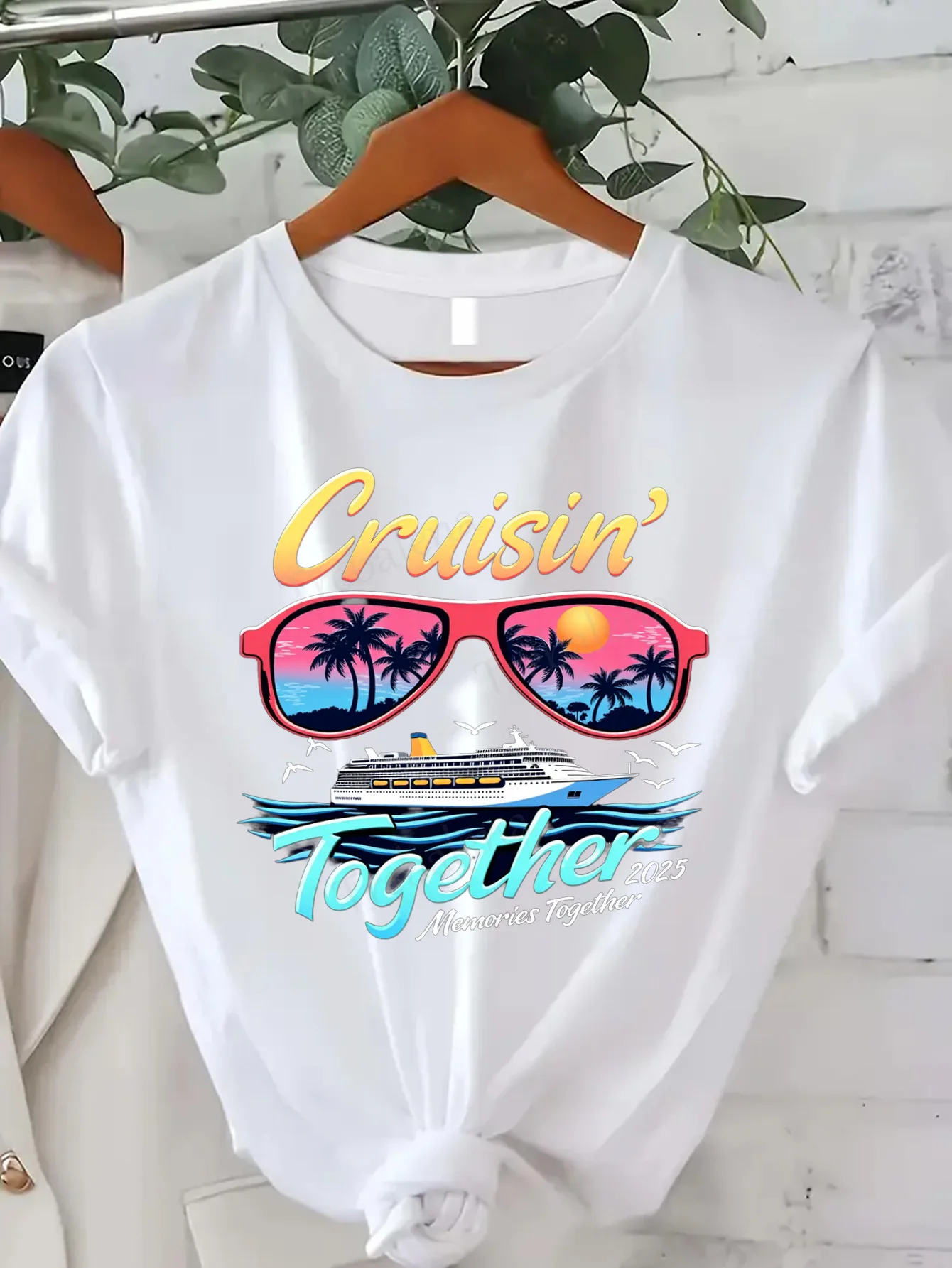 

Women T-shirt Cruisin' Together 2025 Cruise Shirt - Tropical Vibes & Memories T-Shirt