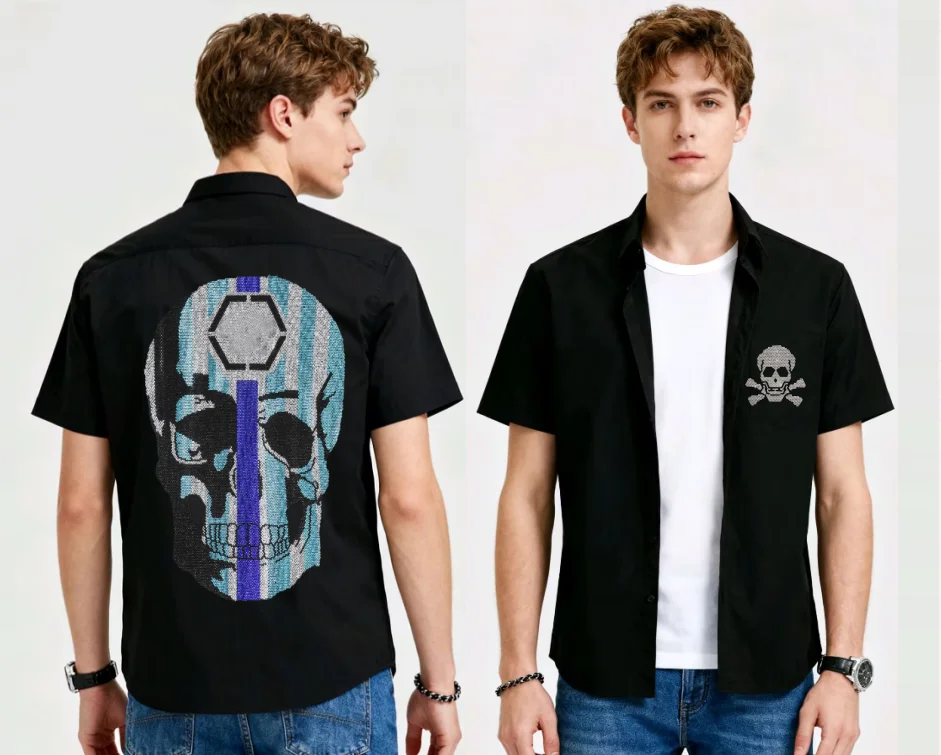 

Summer Men's Casual Short Sleeve Skull Shirt with Shiny Rhinestone Accents Slim Fit Design Must-Have for Holiday shirts