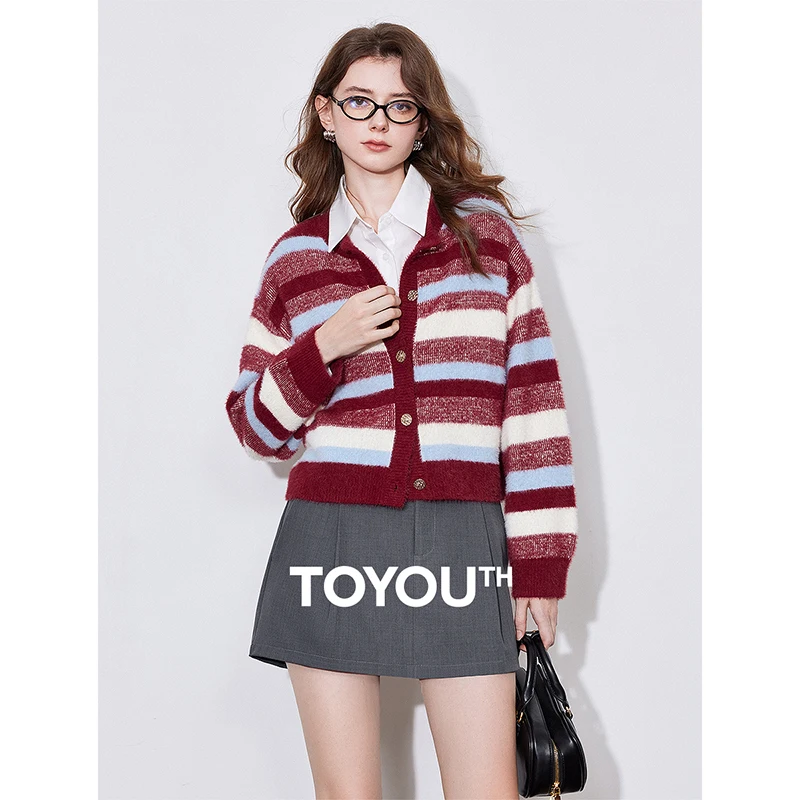 TOYOUTH Women Cardigan Sweater 2025 Spring New Contrast Color Striped Round Neck Single Breasted Button Cashmere Knitted Coat