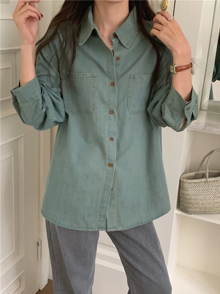 

Retro Collar Waed Denim Long Sve Casual irt Loose Women's Spring Outerwear Korean Sle Top Comfortable Blouse