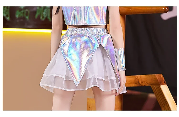 Children Jazz Dance Costume Silver Shirt Skirt Girl Hip Hop Clothing Fashion Catwalk Stage Outfit Kids Modern Show Wear