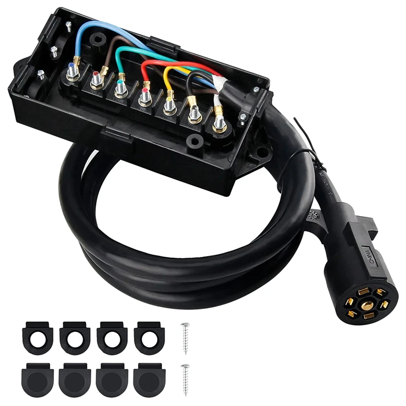 7 Way Plug Inline Trailer Cord & 7 Gang Junction Box, 6 Feet Connector Cable Wiring Harness for RV Trailer Truck