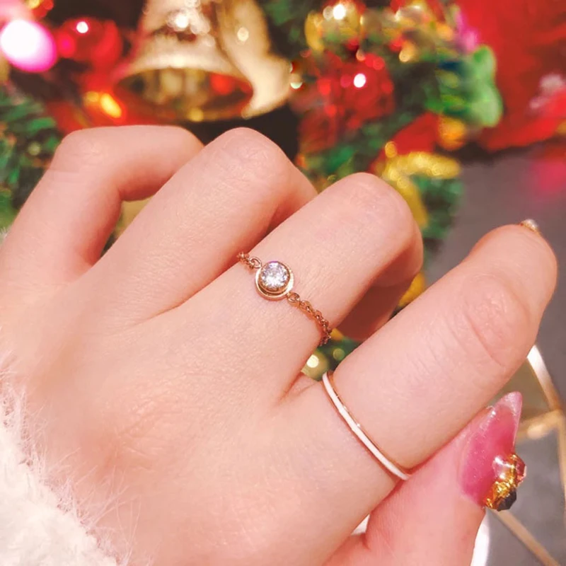 Fashion Stainless Steel Ring Women AAA+ Cubic Zirconia Single Stone Chain Rings Jewelry