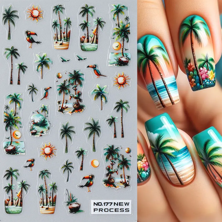 3D Summer Green Coconut Tree Nail Art Decals Tropical Flower Palm Leaves Nail Sliders Red Flamingo Adhesive Foils Manicure Decor