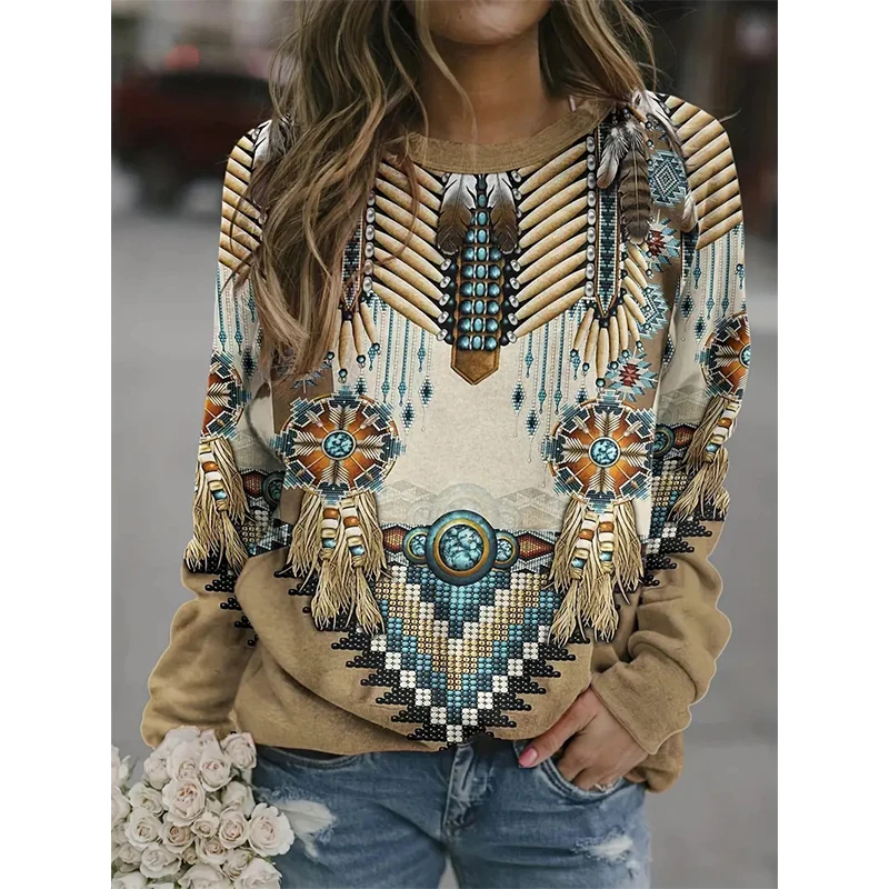 Western Aztec Ethnic Style Indians Sweatshirts Horse 3D Print Retro Hoodies Women Hoodie Oversized Pullovers Woman Tops Clothing