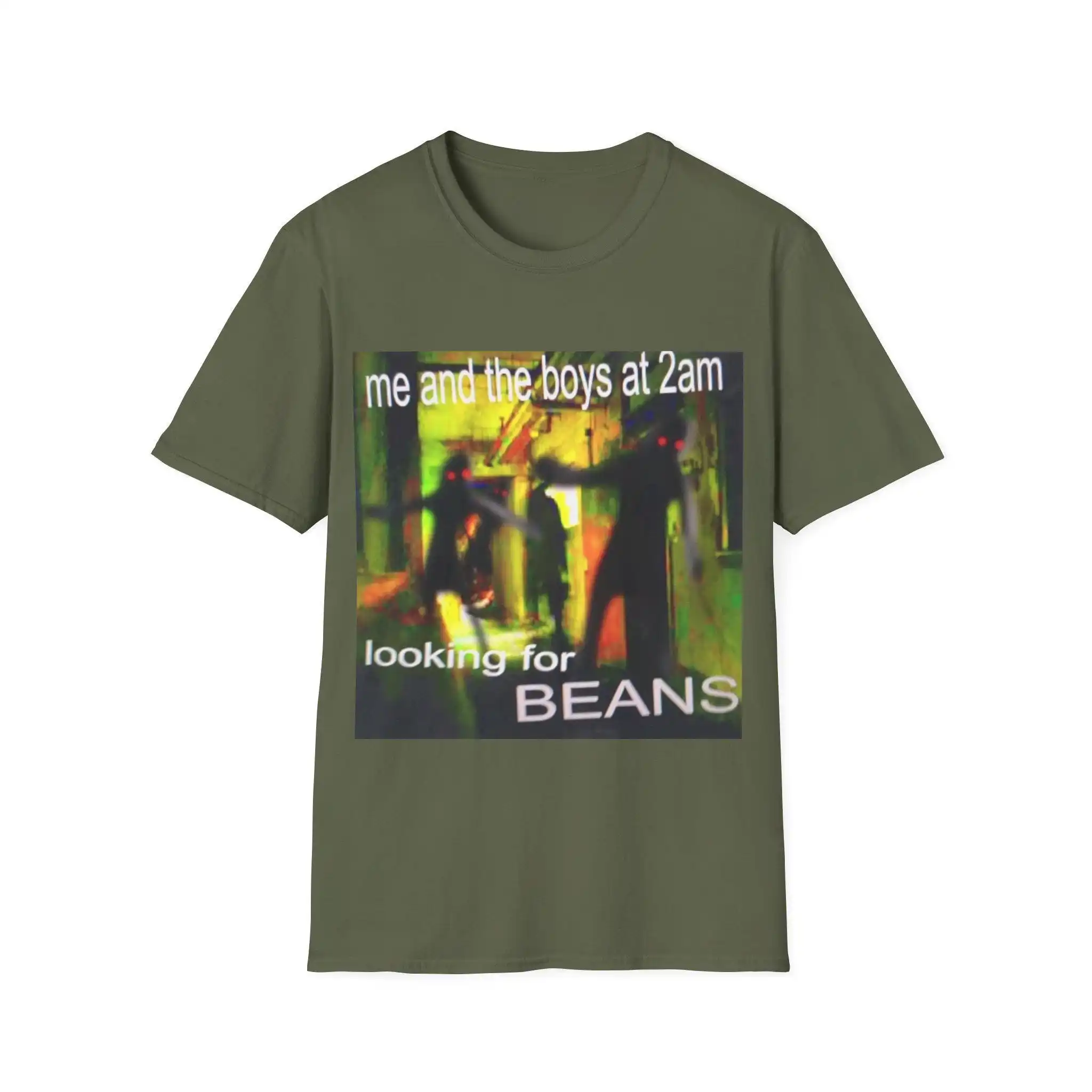 Funny Me and the Boys at 2am Looking for Beans Softstyle T Shirt Red Eyed Shadows Otherworldly Eery Dodgy Corridor Top