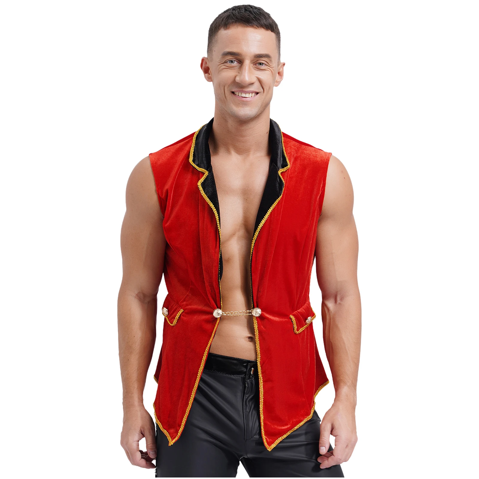 Mens Circus Ringmaster Costumes Vest Jacket Sleeveless Showman Ringleader Lion Tamer Waistcoat Halloween Party Cosplay Outfit