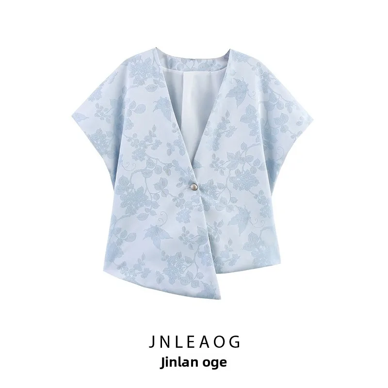 

Модный женский топ с V-образным вырезом, новинка весенней коллекции, универсальный, из полиэфирного волокна, с коротким рукавом, свободного кроя, с цветочным узором.